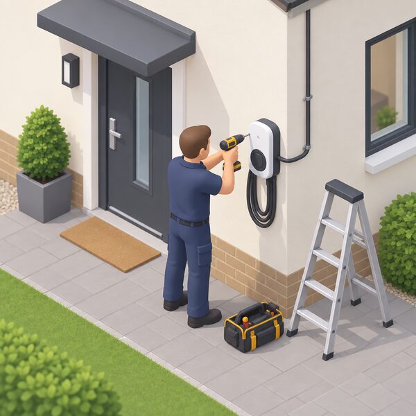 A qualified electrician in plain work clothing, shown as a simplified isometric figure, fits an EV charger unit to the outside wall of a house, drilling and securing the charger beside the front door with cable runs visible, while a ladder and tool bag rest on the ground nearby.