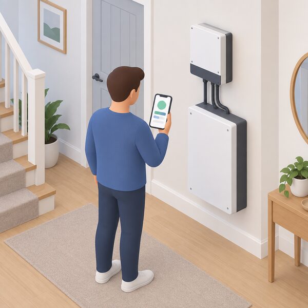 A homeowner standing indoors in a home hallway holding a phone showing a plain energy monitoring app screen, with a domestic GivEnergy battery and inverter unit mounted on the wall nearby, illustrating that the app and portal continue to work.