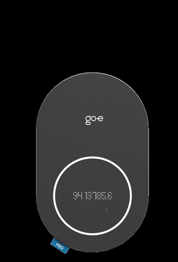 A go-e Charger PRO EV wallbox with a digital display showing a meter reading