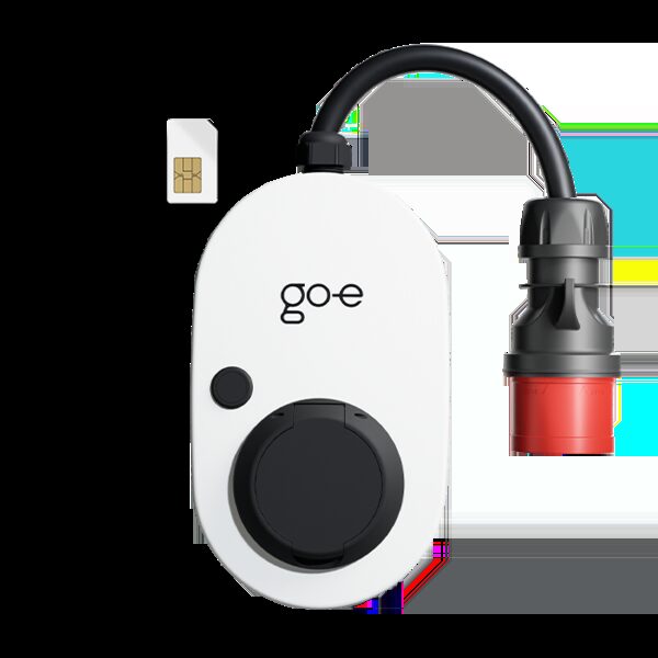 A white go-e Gemini flex 2.0 EV wall charger with a red CEE plug on a cable and a SIM card beside it
