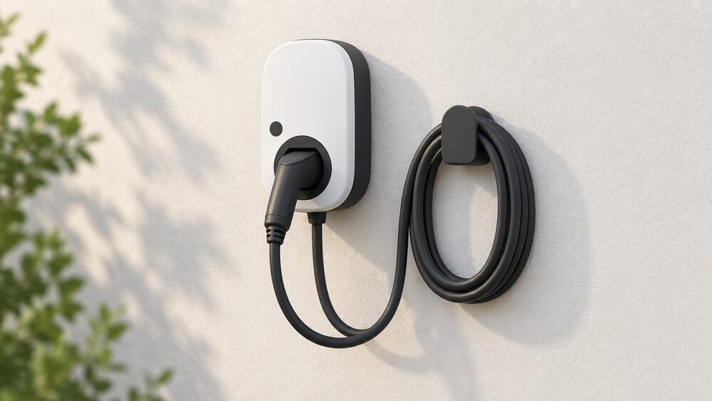 A compact go-e AC wallbox mounted on an outside house wall in daylight, with its tethered charging cable hanging in a holder and a coiled cable beside it, nothing else in the frame.