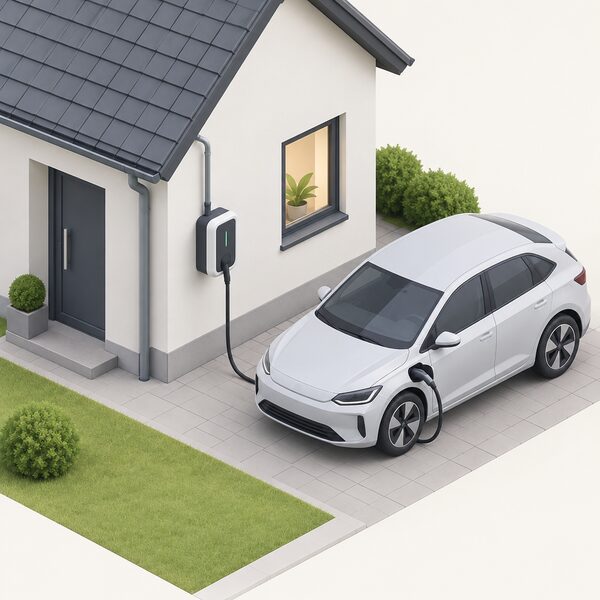 A wallbox EV charger mounted on the outside wall of a house, with a cable running from it to a parked electric car and a supply cable entering the box from the household electricity supply.