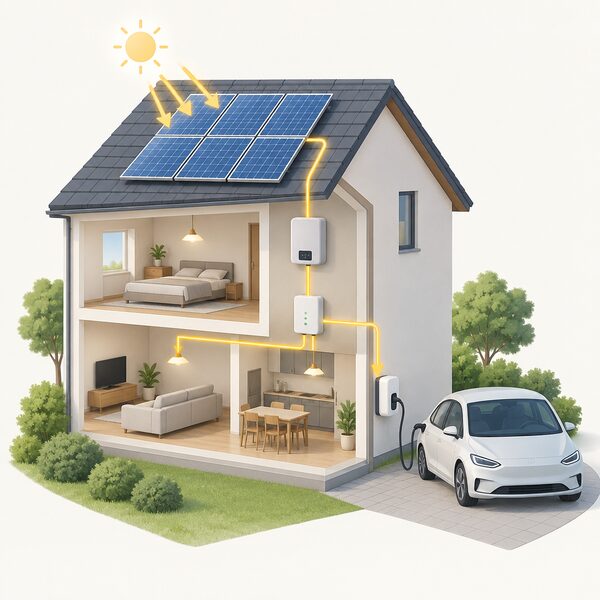 A cutaway view of a house with solar panels on the roof, surplus electricity flowing down through an inverter and a wall-mounted controller into the home, where a wallbox EV charger beside a parked car draws on that solar power.