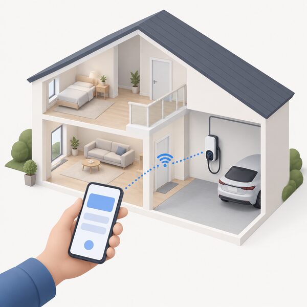 A hand holding a smartphone showing a plain control screen, with a simple signal path across the home network to a wallbox charger mounted on an interior wall of the house.