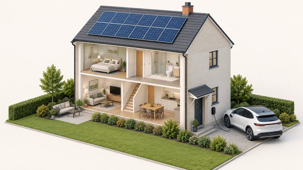 A house with solar panels on its roof and a THOR AC wallbox charger mounted on the outside wall beside the drive, with a charging cable running from the wallbox to a parked electric car.