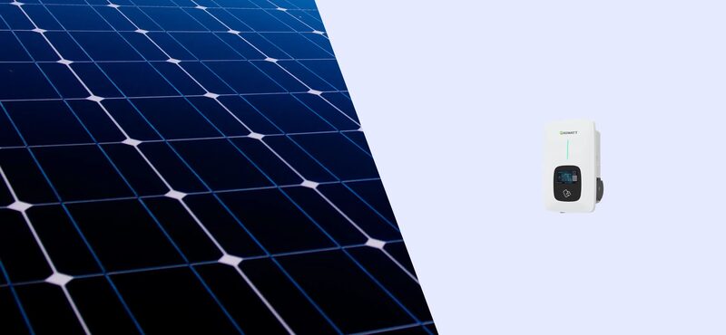A white Growatt EV charger shown beside a close-up of solar panels on a plain background