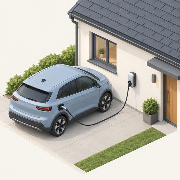 A compact wall-mounted AC chargepoint fixed to the outside wall of a house, with a charging cable running from its socket to the charge port of an electric car parked beside it on the driveway.