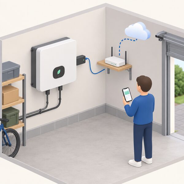 A simplified isometric scene of a Growatt solar inverter mounted on a garage or utility room wall, with a small WiLAN-X2 communications stick plugged into its side port, a short cable running to the home broadband router nearby, and a simplified figure holding a smartphone showing a plain monitoring screen.