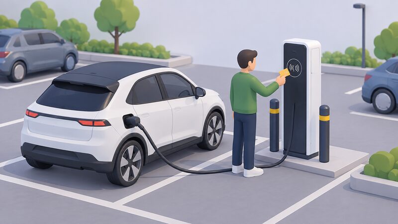 A driver stands beside an electric car at a public charge point in a car park, holding a small card and tapping it on the charge point's reader to start a charging session, with a cable running from the charge point to the car's socket.