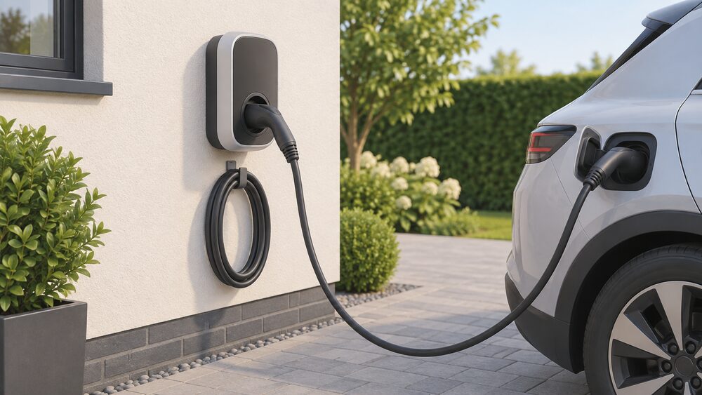 A wall-mounted untethered Type 2 EV charge point on an outside house wall beside a driveway, with a coiled Type 2 charging cable plugged into its socket and an electric car's charging port at the edge of the frame.