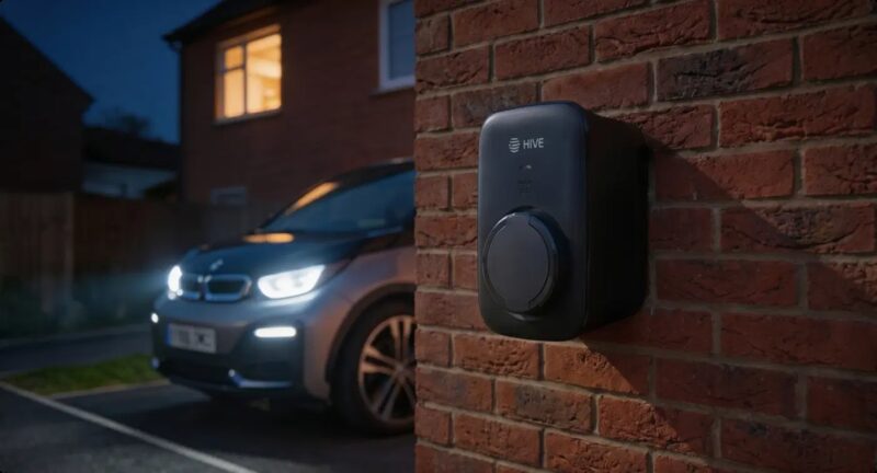 A black Hive EV charger mounted on a brick wall outside a house at dusk with an electric car parked in the driveway