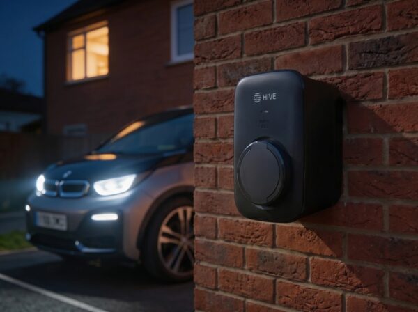 A black Hive EV charging point mounted on a brick wall at dusk with an electric car parked beside it