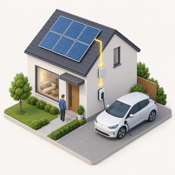 A wall-mounted home EV charge point on a house exterior with a cable running to a parked car, while rooftop solar panels above feed surplus electricity down into the household supply that powers the charger.