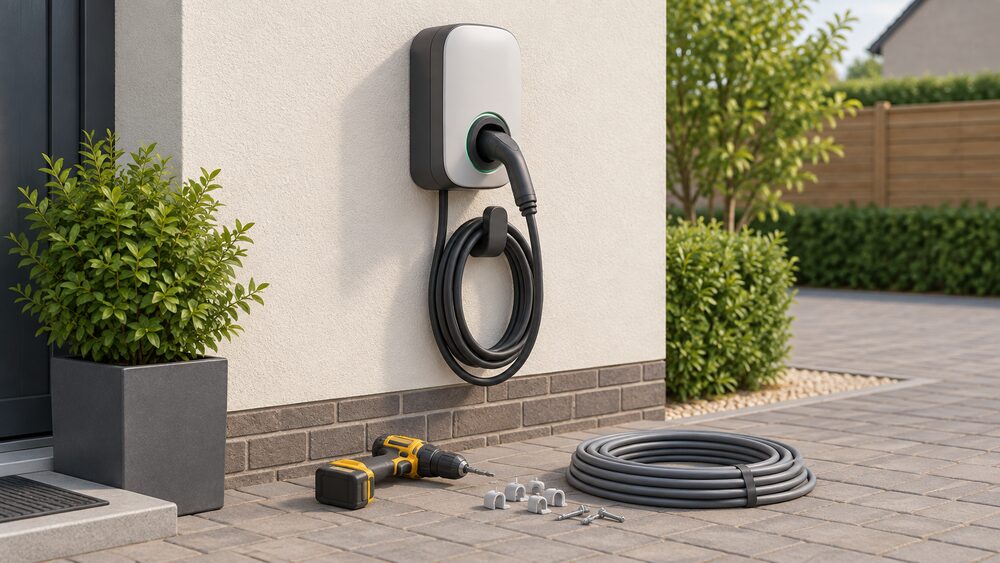 A wall-mounted 7 kW home EV charge point on an outside house wall beside a driveway, shown close up with a coiled charging cable hanging from its tethered holster and an electrician's drill, cable clips and a length of grey cable on the ground below.
