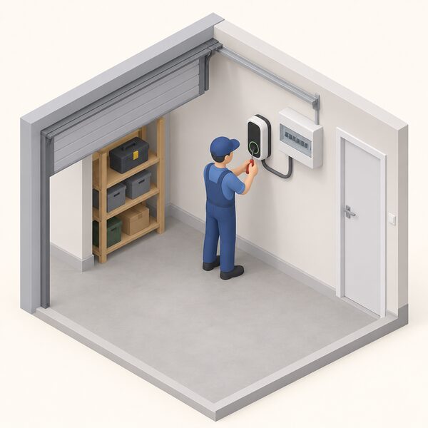 A simplified electrician figure fixes a wall-mounted EV charge point to the inside wall of a garage, a short cable run connecting it to a consumer unit mounted on the same nearby wall.