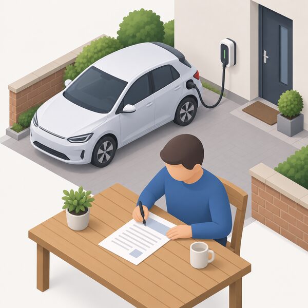 A paper grant application form lying on a table beside a private off-street parking space with a small wall-mounted EV chargepoint, a simplified figure filling in the form with a pen, blank lines and plain blocks only.