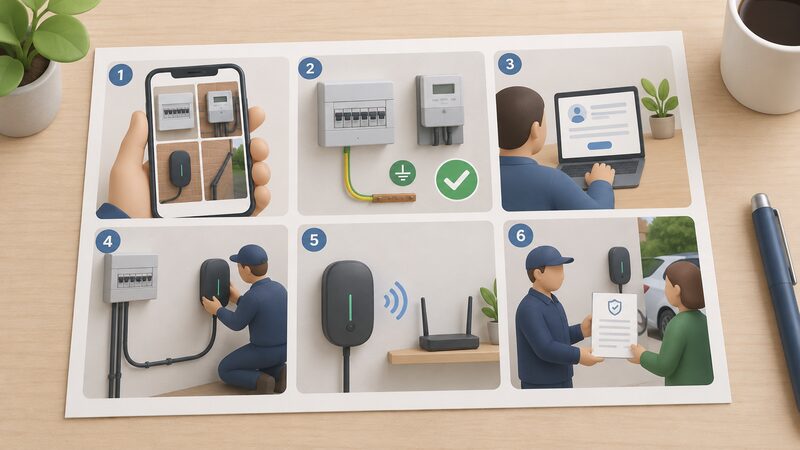 A printed sequence sheet shown as a physical object, laid on a table, with six simplified panels in order: a phone with survey photos, a supply and earthing check, a network operator application, an installer mounting a wall charger and running cable, a charger linking to a home Wi-Fi router, and a certificate being handed over.