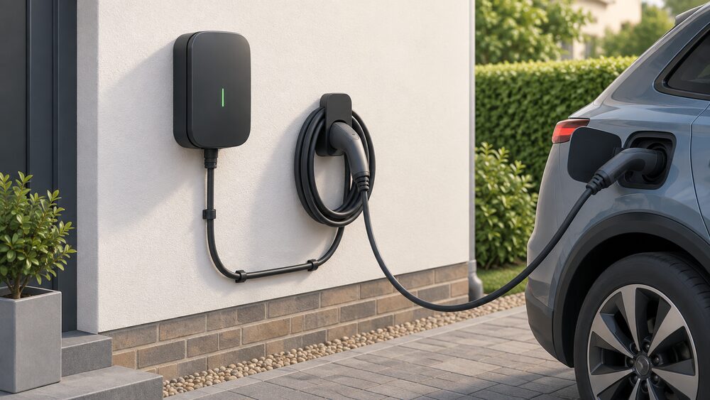A close-up of a dedicated wall-mounted EV charge point fixed to the outside wall of a house beside the driveway, with its cable clipped along the wall and coiled on a holstered holder, an electric car's charging port waiting at the edge of the frame.