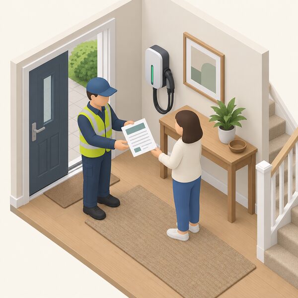 A completed paper electrical installation certificate lying on a hall table beside a newly fitted domestic EV charge point, with a small isometric electrician handing the document to a householder.
