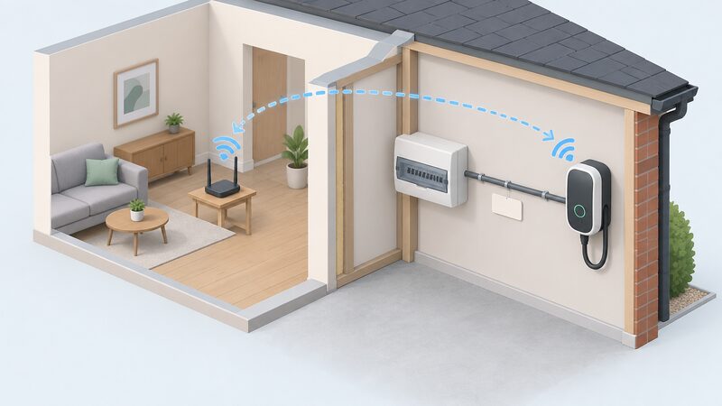 An isometric cutaway of a home wall showing a wall-mounted smart charge point beside a consumer unit, connected by a labelled dedicated circuit running through the wall, with a Wi-Fi router elsewhere in the house sending a signal path to the charger.