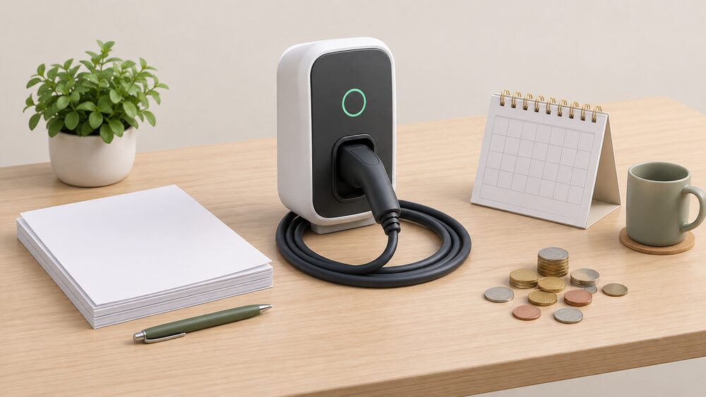 A small model of a home EV wallbox chargepoint with its tethered cable stands on a table beside a neat stack of blank paperwork, a scatter of coins and a small calendar, suggesting the household decision between charging at home and paying at a public chargepoint.