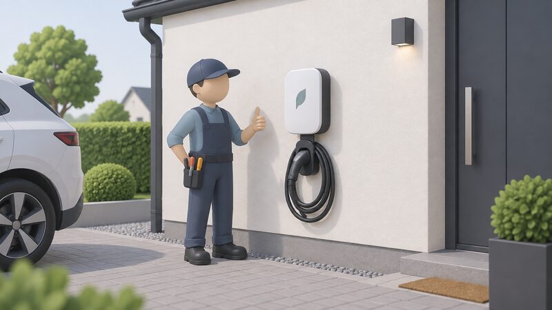 A wall-mounted home EV charger on a house exterior with a plain stylised emblem shape on its faceplate, its cable coiled on a holder, and a small simplified installer figure standing beside it having just finished fitting the unit.