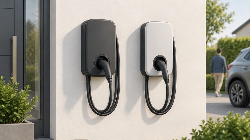 Two identical wall-mounted EV chargers side by side on a plain house front wall, one in a dark colour finish and one in a light colour finish, each with its tethered cable and plug shown so the two finishes can be compared directly.