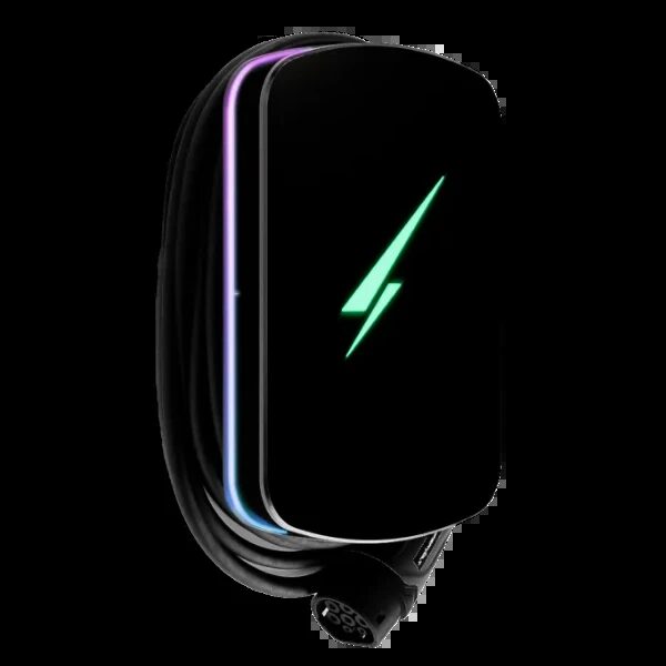 A black Hypervolt Home 3 Pro wall-mounted EV charger with coiled tethered cable and green lightning bolt display