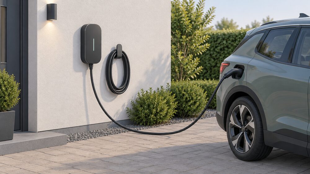 A wall-mounted Hypervolt Home 3 Pro EV charger on an outside house wall, its tethered 5m charging cable coiled on a hook and the plug end reaching toward a parked car on the driveway.