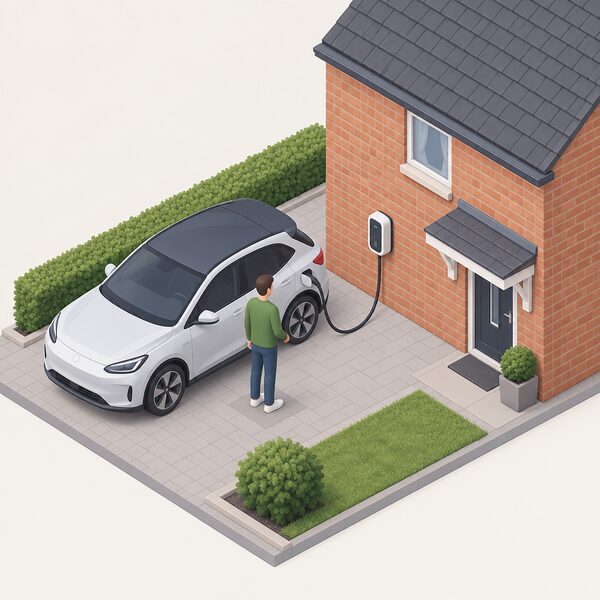 A small wallbox EV charger mounted on the outside brick wall of a house, with a cable reaching to a parked electric car on the driveway, shown as a simple isometric scene.