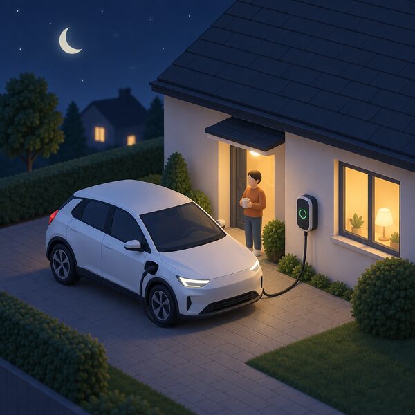 A small isometric figure's electric car parked on a house driveway at night, plugged by a cable into a wall-mounted home EV charger on the house wall, with a dark night sky and a lit house window suggesting cheap overnight smart-tariff charging.