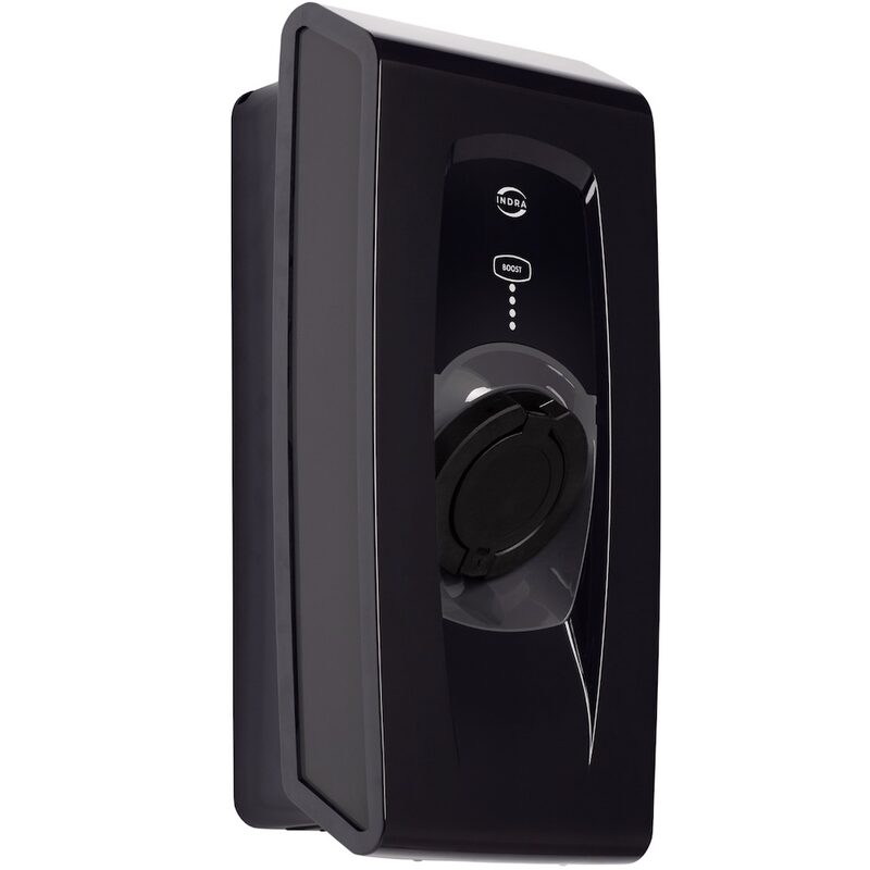 A black Indra Smart EV wall charger with a Type 2 socket shown at an angle on a white background