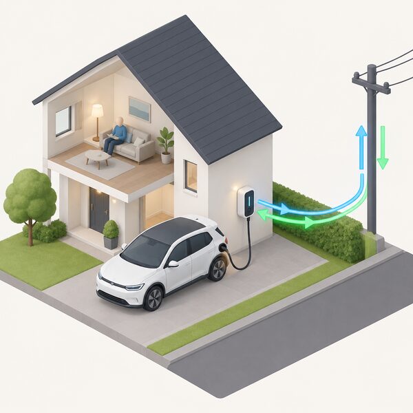 A simplified isometric house with an electric car on the driveway connected by a cable to a bidirectional wall-mounted EV charger, with energy flow shown both ways between the car, the charger and the electricity grid supply outside the home.