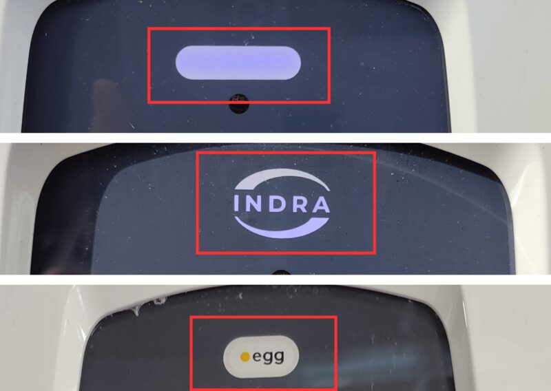 Three close-up views of an Indra Smart Pro EV charger display showing the status light, Indra logo and 'egg' indicator