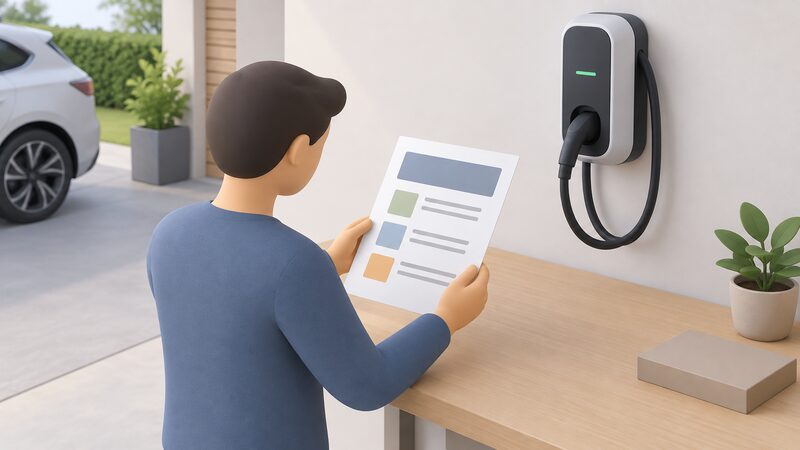 A printed warranty document lying on a table beside a wall-mounted EV charger, its page showing blank lines and plain colour blocks representing the parts, labour and delivery cover statement, with a simplified figure reading it.