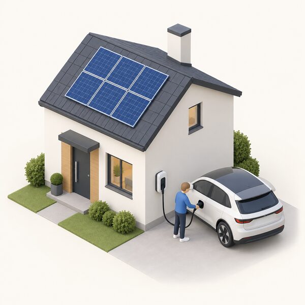 A small isometric house with solar panels on its roof and a wall-mounted EV charge point on the outside wall beside it, a cable running to a parked electric car, with a simplified figure plugging in the cable.