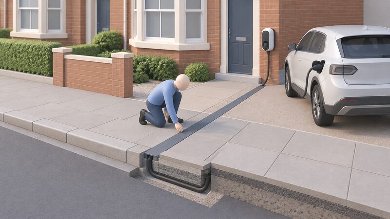 A cross-section of a pavement outside a terraced house showing a cable channel set flush into the footway, running from the kerb edge to a wall-mounted chargepoint beside a driveway, with a simplified figure kneeling to inspect the channel cover.