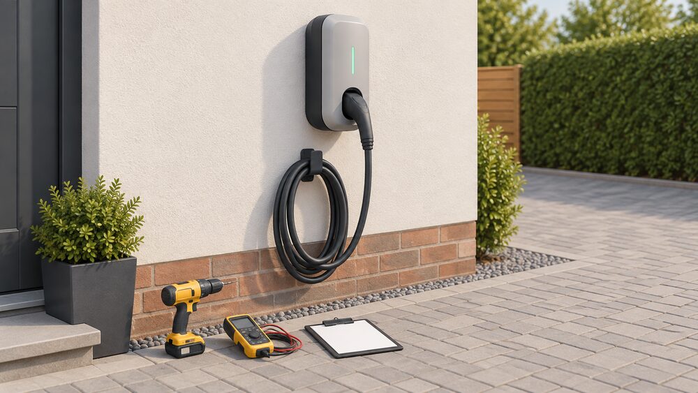 A wall-mounted home EV chargepoint on an external house wall beside a private driveway, its charging cable coiled on a hook below it, with an electrician's drill, cable tester and blank clipboard resting on the ground nearby.