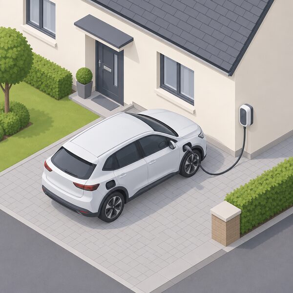 A wall-mounted home EV charger unit fixed to the exterior wall of a house beside a driveway, with a charging cable running from the unit to a parked electric car, shown in a simple isometric style.