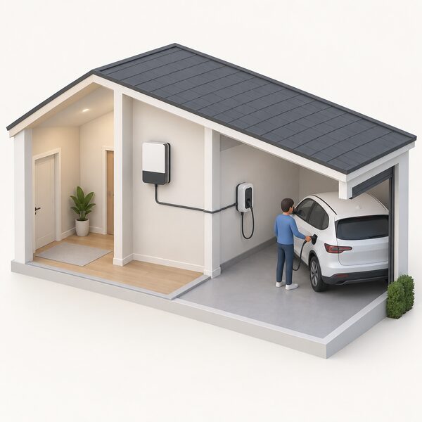 A wall-mounted solar inverter installed indoors on a plain wall, with a cable run connecting it to the home EV charger, shown as a simple cutaway of the house interior with the linking cable clearly visible between the two units.