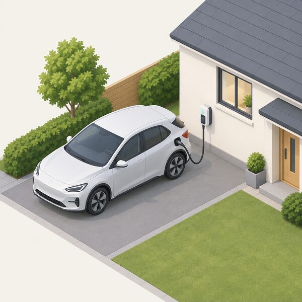 A small isometric electric car parked on a home driveway with a charging cable running from a wall-mounted EV charger on the house wall to the car's charge port, the charger fed from the household electricity supply.