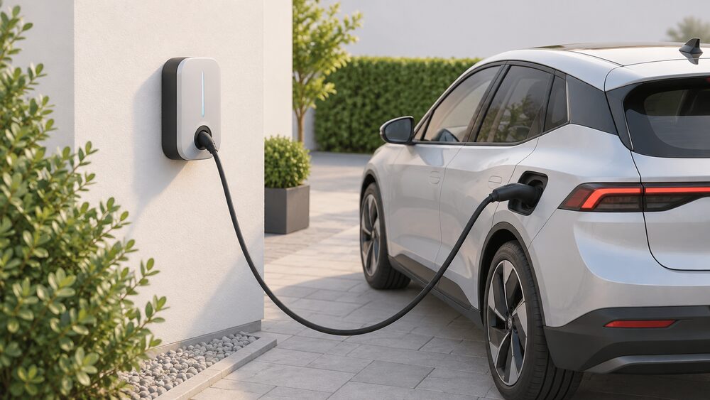 A close-up of a Livoltek ROBOT Home AC Charger wallbox mounted on an outside house wall beside a driveway, with a tethered Type 2 charging cable plugged into an electric car parked alongside.