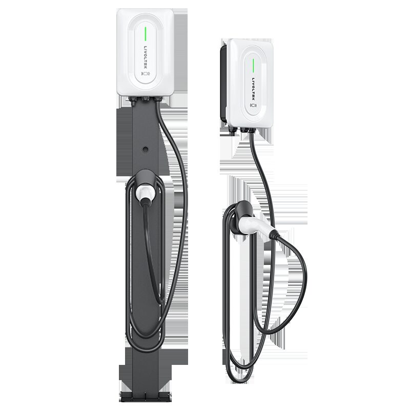 Two Livoltek AC EV chargers, one pedestal-mounted and one wall-mounted, with tethered cables on a white background