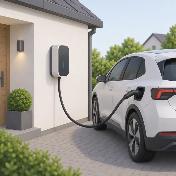 A compact home wallbox mounted on an exterior house wall with a tethered Type 2 charging cable hanging in a holder, its connector plugged straight into the charge inlet of a parked car beside it.