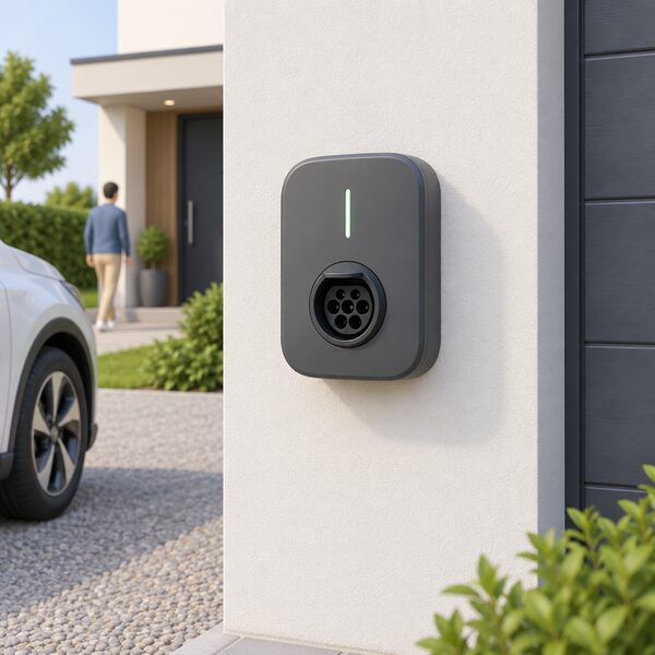 A small untethered home EV wallbox mounted on an exterior house wall beside a driveway, shown close up with its single Type 2 socket clearly visible and empty, no cable or connector attached to the unit.