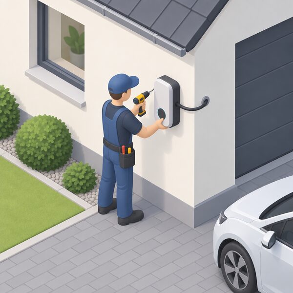 A qualified electrician in plain work clothing fixes a wallbox EV charger to the outside wall of a house beside a driveway, with a cable running from the unit into the wall and a drill in hand.