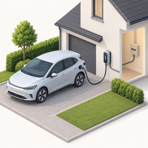 An electric car parked on a home driveway with its charging cable plugged into a wall-mounted charger on the house wall, connected by a cable to the domestic electricity supply.