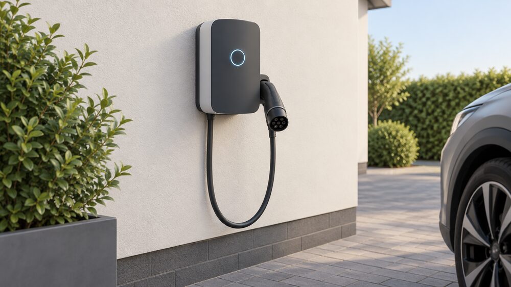 A close-up of a NexBlue Point home EV wallbox mounted on an outside wall beside a driveway, with a tethered Type 2 charging cable and connector hanging from the unit and reaching down towards where a car would park.