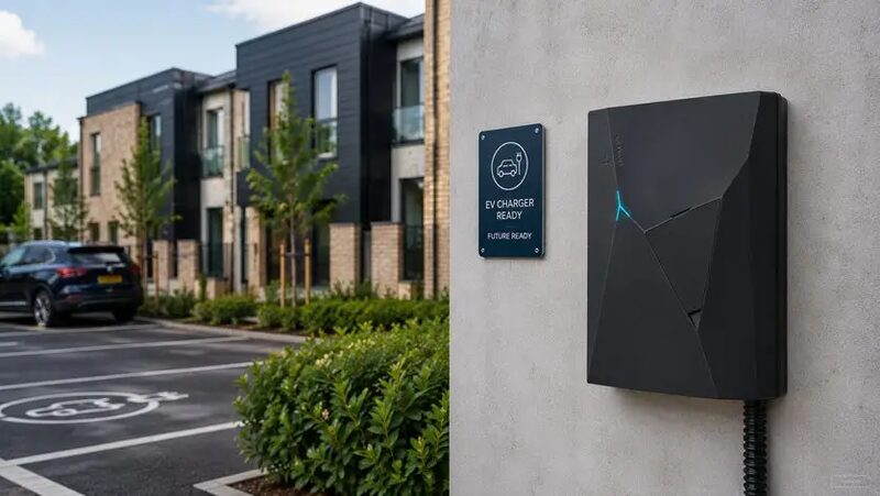 A black NexBlue wall-mounted EV charger with a blue light installed on a wall beside an EV-ready parking bay at a modern residential development