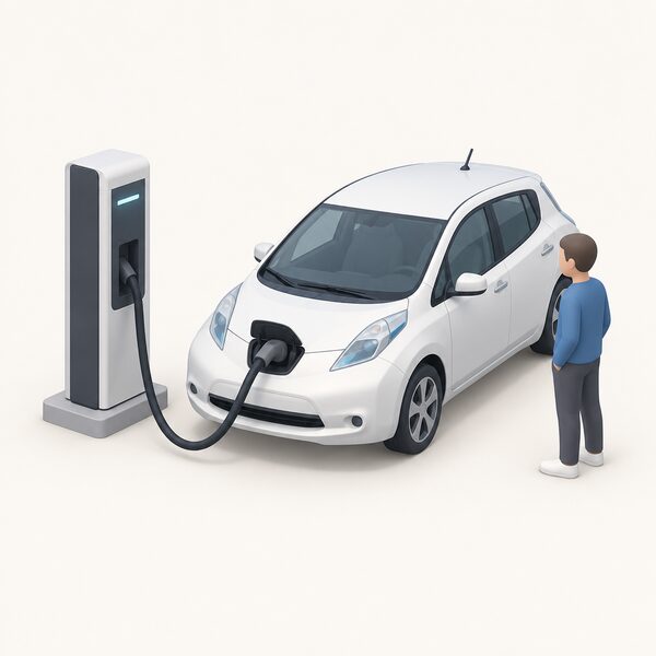 A rapid DC chargepoint unit with a CHAdeMO cable plugged into the CHAdeMO inlet of a parked Nissan LEAF, with a simplified figure standing beside the car waiting while it charges.